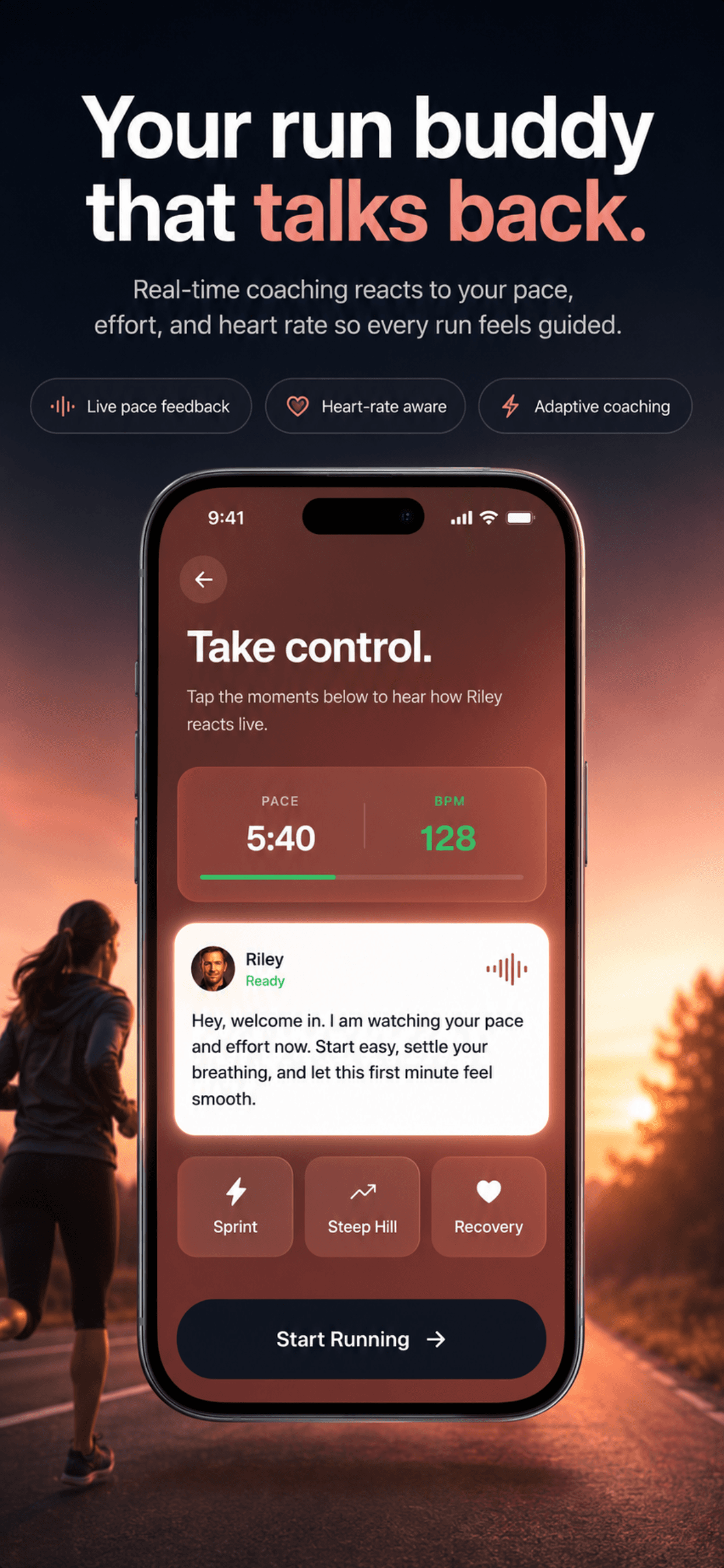 Stride AI live run buddy coaching screen with pace and heart rate cues